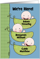 Custom Birth Announcement Triplet Boys-Peapod Babies for light skin card