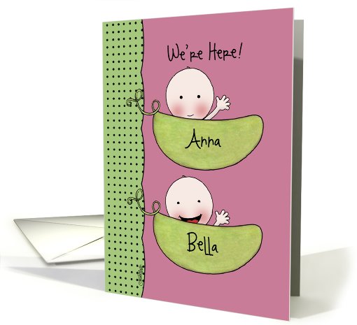 Custom Birth Announcement Twin Girls-Peapod Babies for light skin card