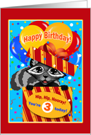 Raccoon Three Year Old Happy Birthday card