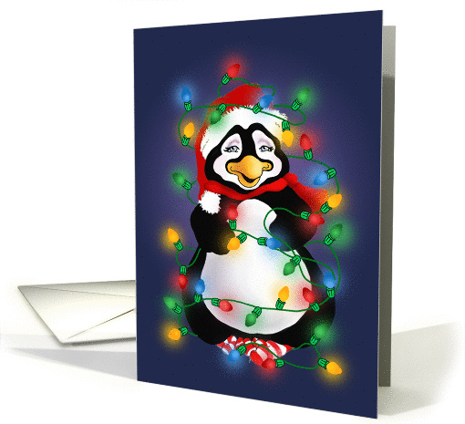 Happy Holidays Penguin Tangled In Christmas Light Christmas card