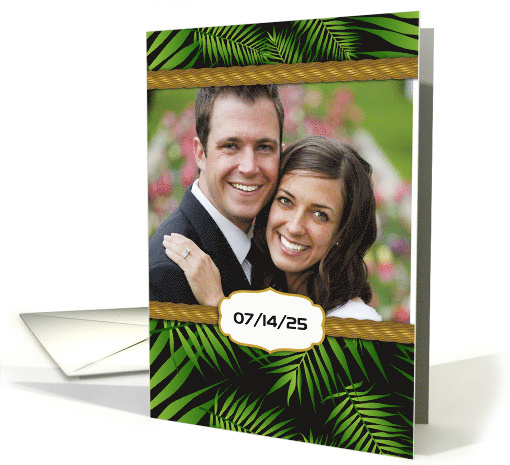 Tropical Green Leaves Photo Wedding Save the Date card (1530880)