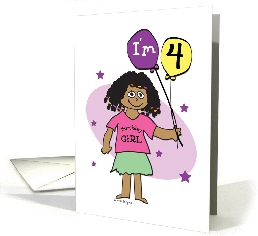 4th Birthday, Dark Skinned Girl with Balloons card (902600)