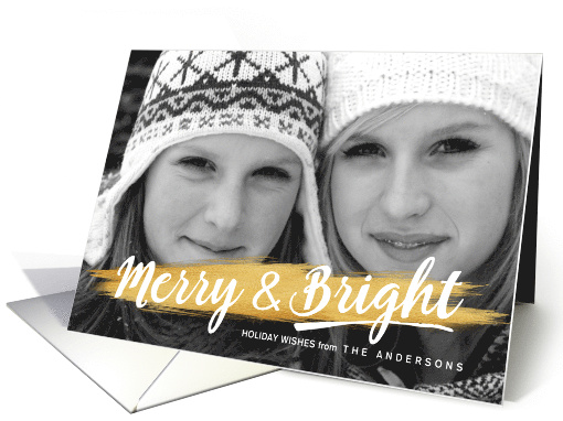 Merry and Bright Gold Paint Brush Stroke Holiday Photo card (1451834)