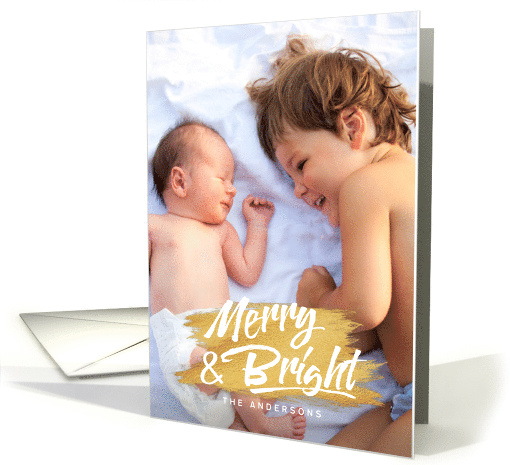 Merry and Bright Gold Paint Brush Stroke Holiday Photo card (1451894)