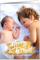 Merry and Bright Gold Paint Brush Stroke Holiday Photo Card