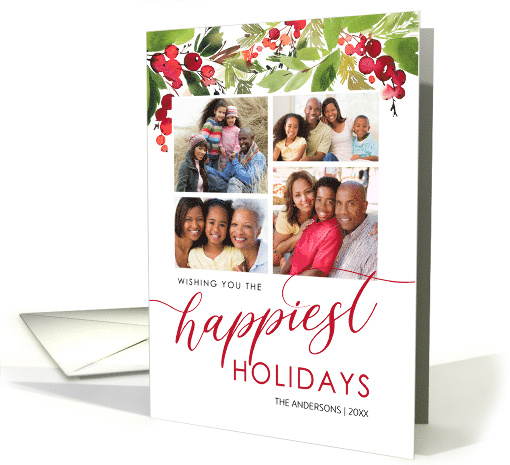 Happiest Holidays Watercolor Greenery 4-Photo Collage card (1580842)