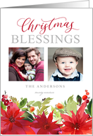 Christmas Blessings Watercolor Poinsettia Holiday 2-Photo Greeting card