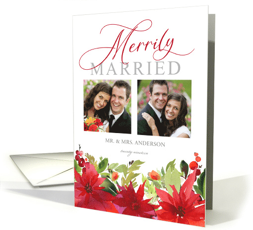 Merrily Married Christmas Watercolor Poinsettia Holiday 2-Photo card