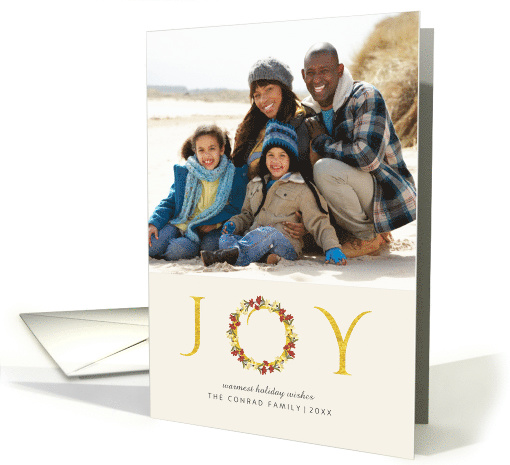 Christmas Joy Floral Wreath Gold and Ivory Holiday Photo Greeting card