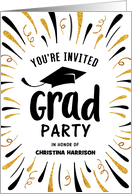 Custom Graduation Party Invite Black Cap and Gold Streamers card