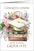 Congratulations High School Graduate Cap Books Pink Peonies card