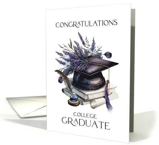 Congratulations College Graduate Cap Books Quill Lavender Laurels card