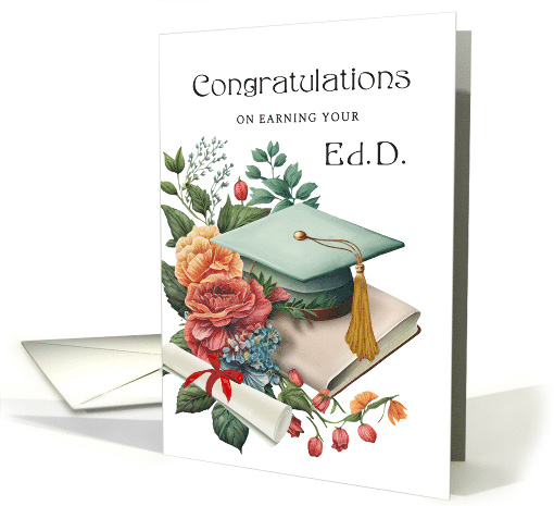 EdD Graduation Congratulations Teal Blue Cap Book and Laurels card