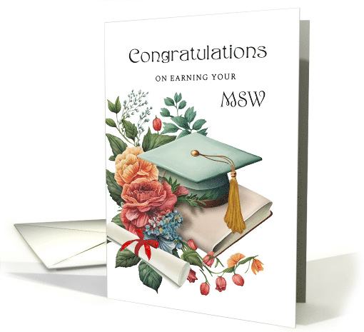 MSW Masters Degree Graduation Teal Blue Cap and Book card (1769290)