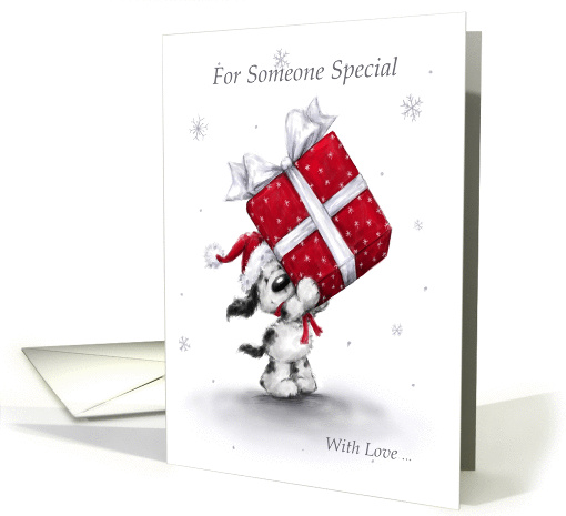 Grey Dog holding a Big Christmas Present card (1433230)