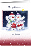 merry christmas from Cute snowman family. card