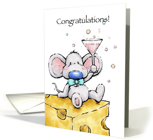 Mouse sitting on cheese and holding a drink to congratulate. card