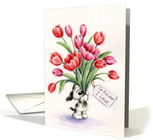 Cute dog holding a bunch of flowers with love for birthday. card