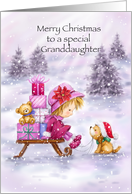 Cute little girl sitting on sleigh with Christmas presents and dog. card