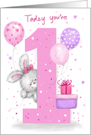 Cute rabbit popping with balloons and birthday presents for 1 year old card
