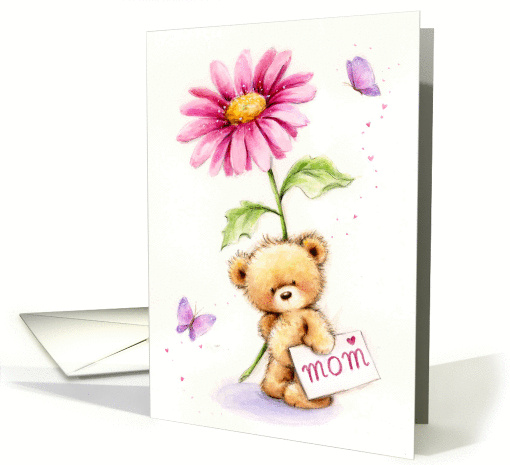 Cute bear with big flower and letter for mom, happy birthday. card