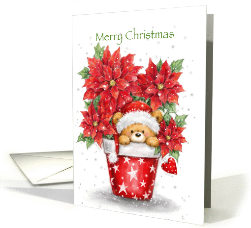 Bear with Santa's hat popping from pot of poinsettias,Christmas card