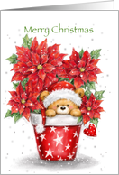 Bear with Santa’s hat popping from pot of poinsettias,Christmas card