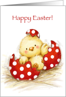 Cute chick hatched out from painted egg, Happy Easter. card