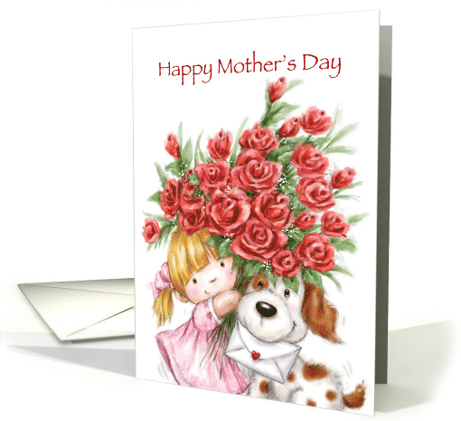 Cute girl and dog holding a bunch of red roses for Mother's day. card