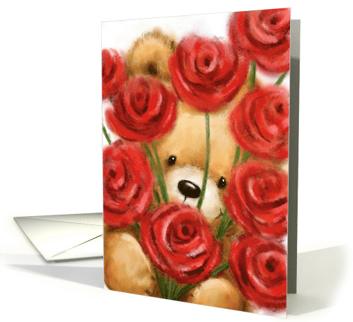 Close up bear peeking through lots of red roses,Happy Birthday! card