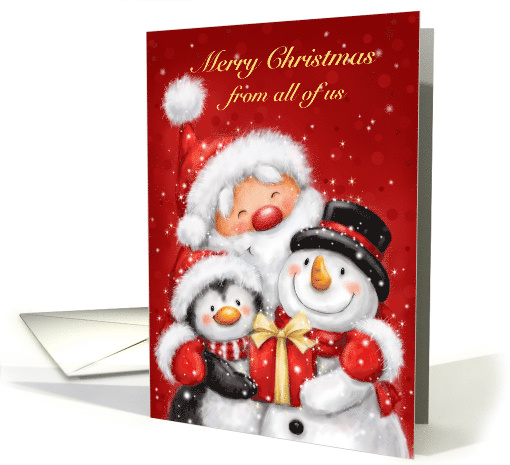 Cheerful Santa,snowman & penguin greeting for Christmas season card