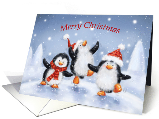 Cheerful penguins dancing in snow,Merry Christmas from all of us! card