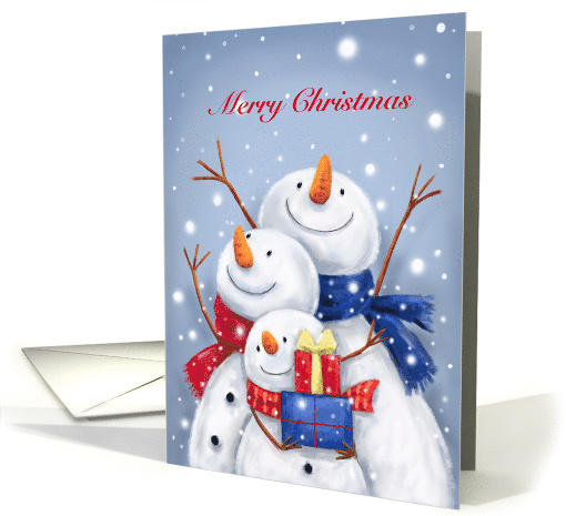 Cheerful snowman family in snow,Merry Christmas from all of us! card