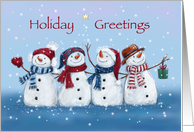 Four cute snowmen with hats together celebrating Christmas holidays. card