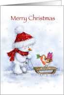 Cute snowman with Santa’s hat and robin on sleigh, merry Christmas card