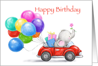 Cute little elephant driving car with birthday presents and balloons. card