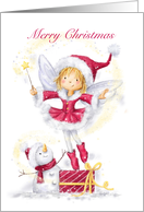 Little fairy girl dancing on Christmas present, to granddaughter. card