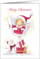 Little fairy girl dancing on Christmas present, with love for niece card