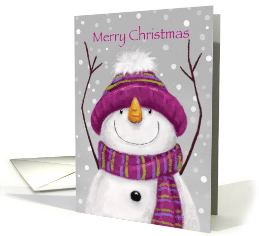 Snowman with lovely hat and scarf with snow background, Christmas card