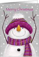 Snowman with lovely hat and scarf with snow background, Christmas card