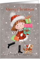 Cute girl with shopping bags and present, Christmas for sister card