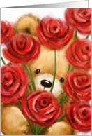 Cute bear peeping through a bunch of red roses, Happy Valentine’s Day card