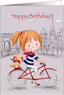 Cute young girl bicycling with dog in Paris, Happy Birthday Sister card
