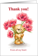 Cute bear holding and peeking through big red flowers, Thank you card