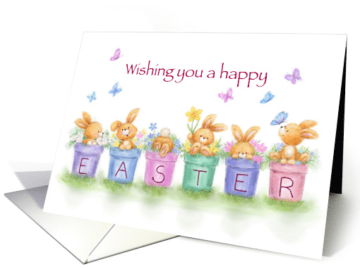 Cute rabbits in flower pots with butterflies, Happy Easter card