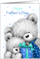 Cute fluffy bear and cub cuddling with present, happy Father’s Day card