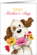 Cute funny dog smiling with colorful flowers for Happy Mother’s Day card