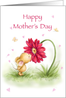 Cute little mouse kissing a big red flower for Happy Mother’s Day card