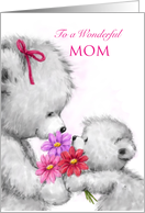 Cute bear cub offering beautiful flowers to mom, Happy Birthday card