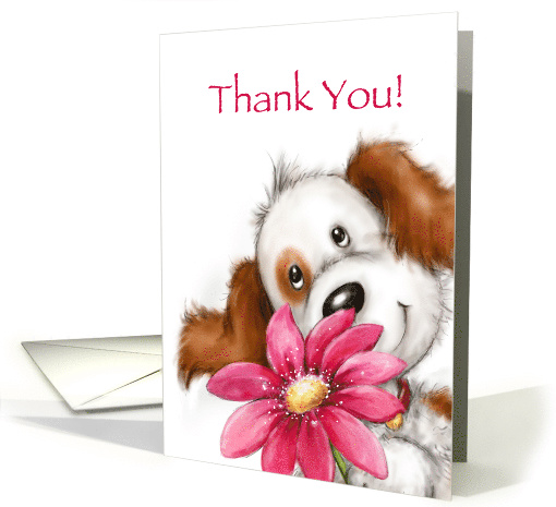 Cute dog with big smile holding huge red pretty flower, Thank you card